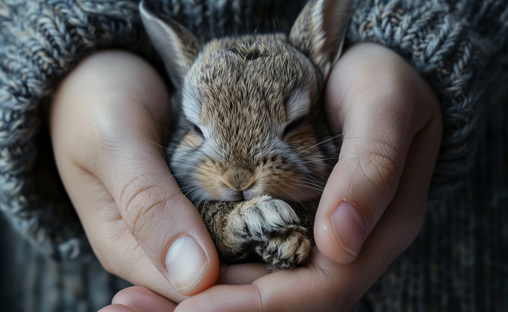 Lapin blotti dans deux mains.