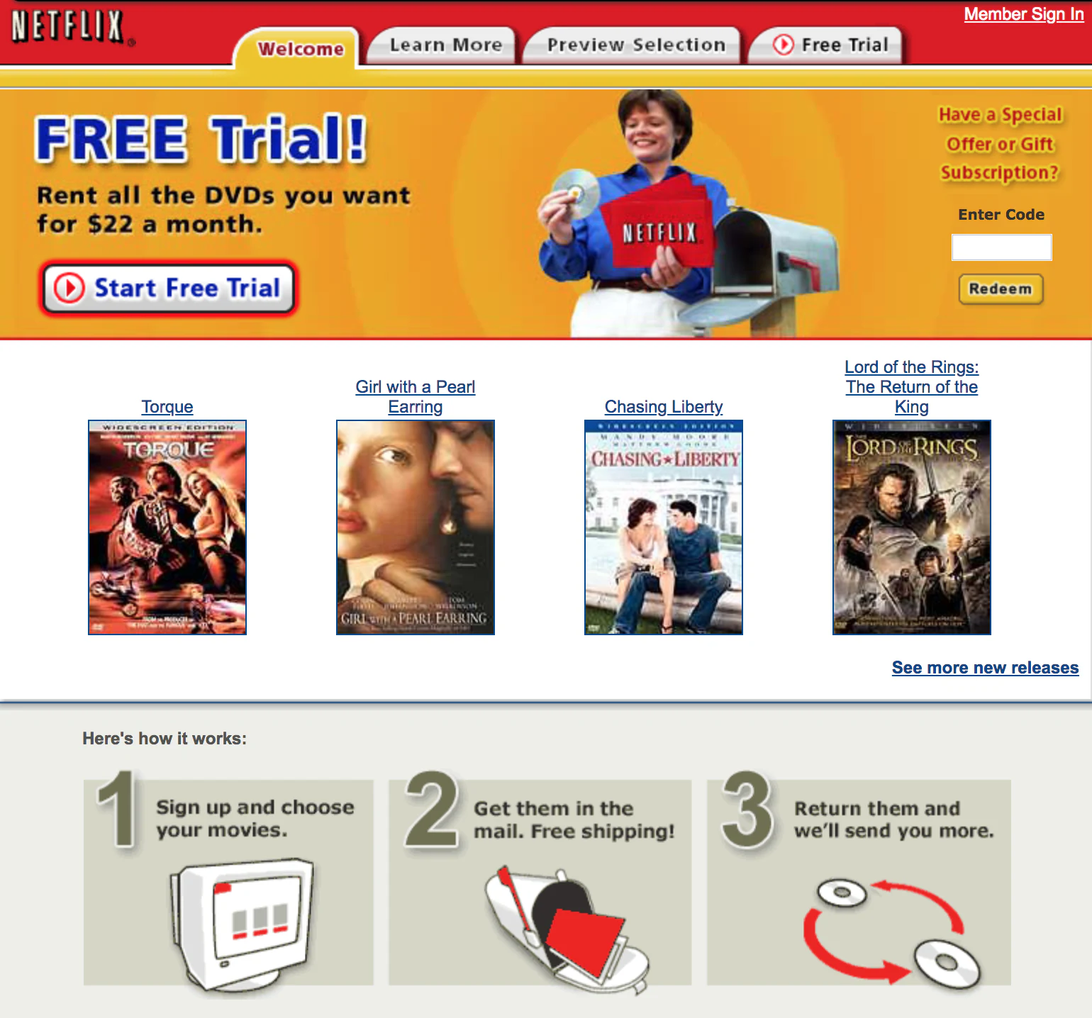 Ancienne page Netflix présentant une offre d’essai et la location de DVD par courrier.