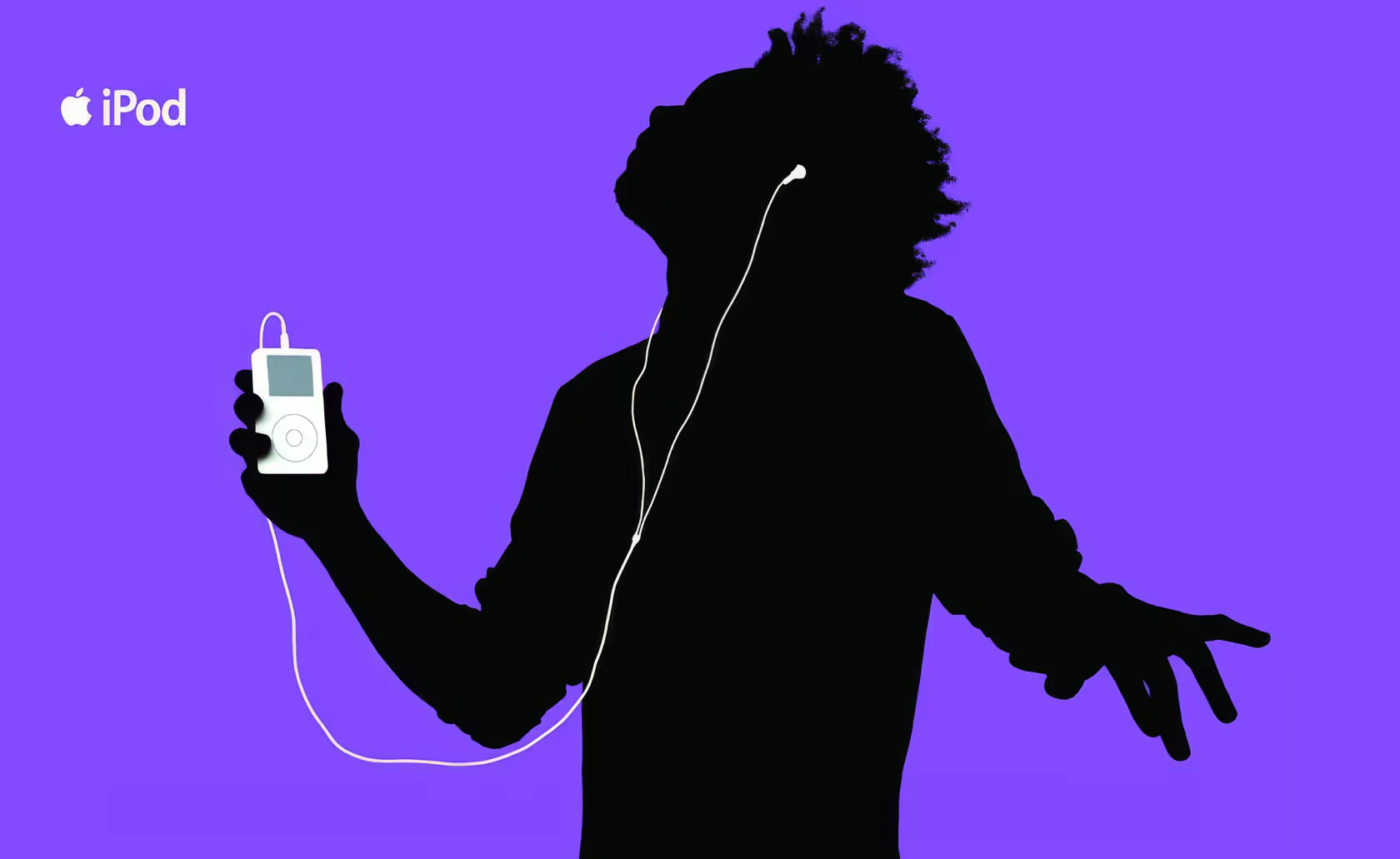 Publicité iPod avec la silhouette d’une personne portant des écouteurs blancs sur un fond violet.
