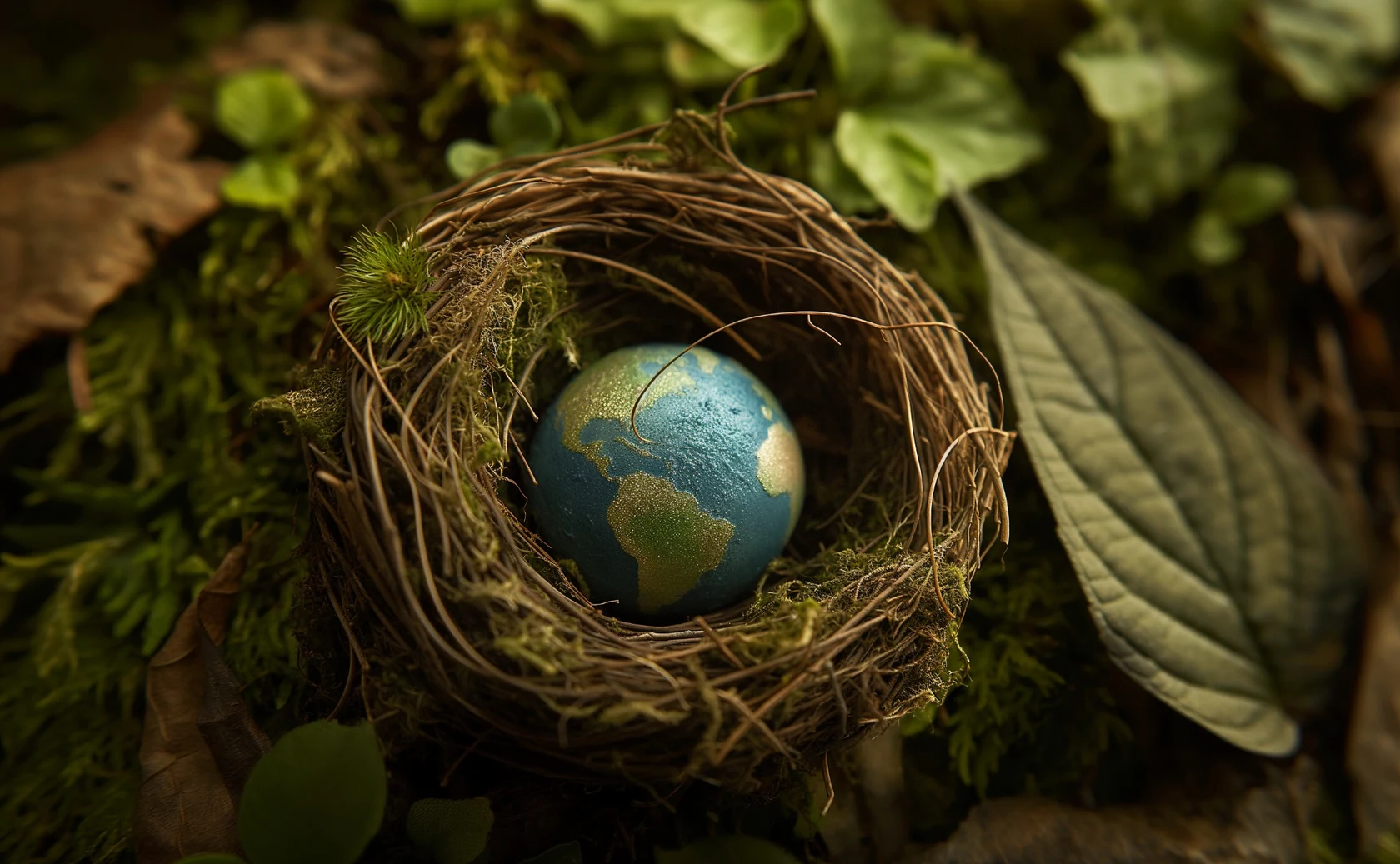 Globe terrestre placé dans un nid.