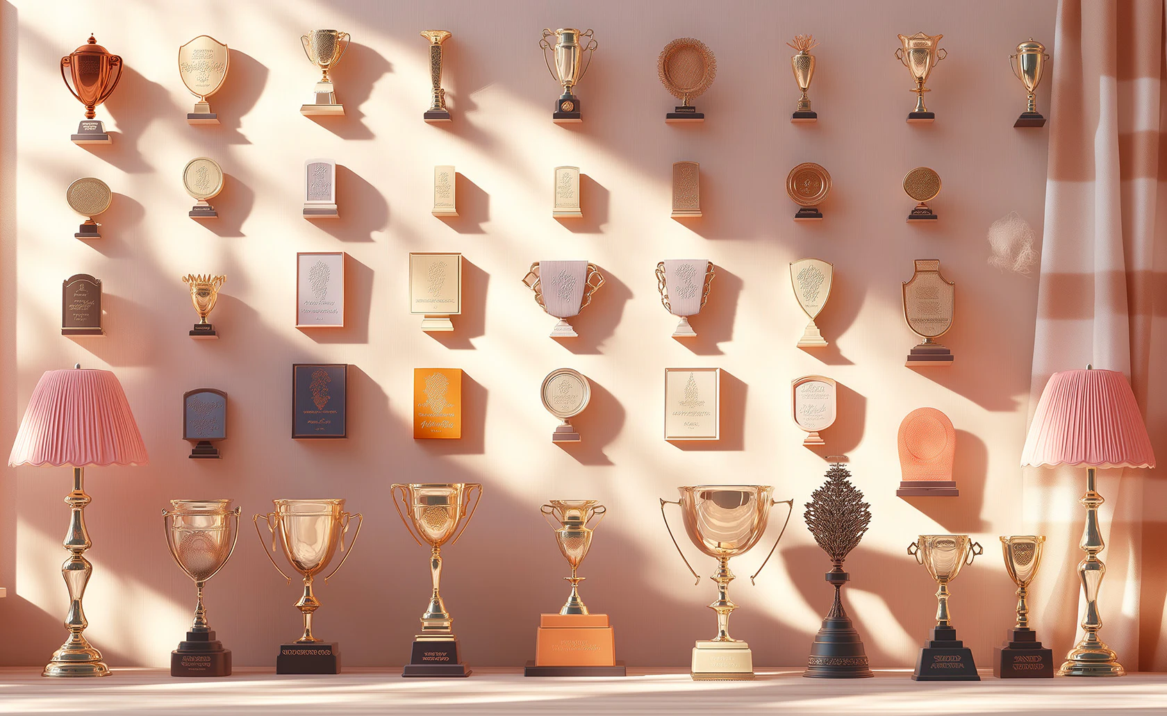 Collection de trophées et de récompenses exposés sur un mur et une table.