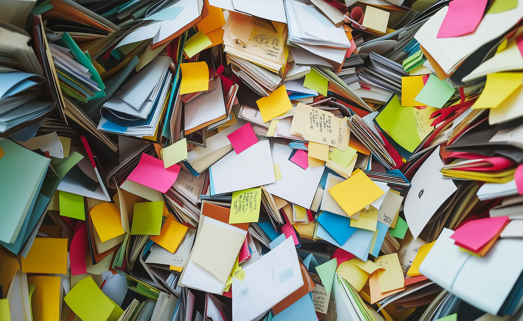 Amas de livres, de feuilles et de notes adhésives colorées.