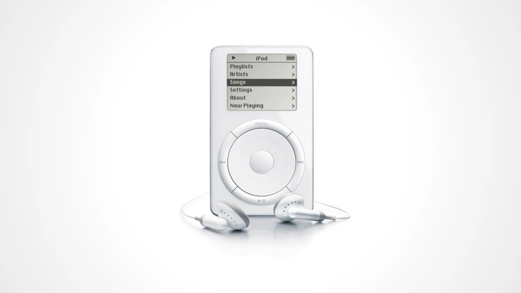 iPod blanc avec molette de navigation et écouteurs.