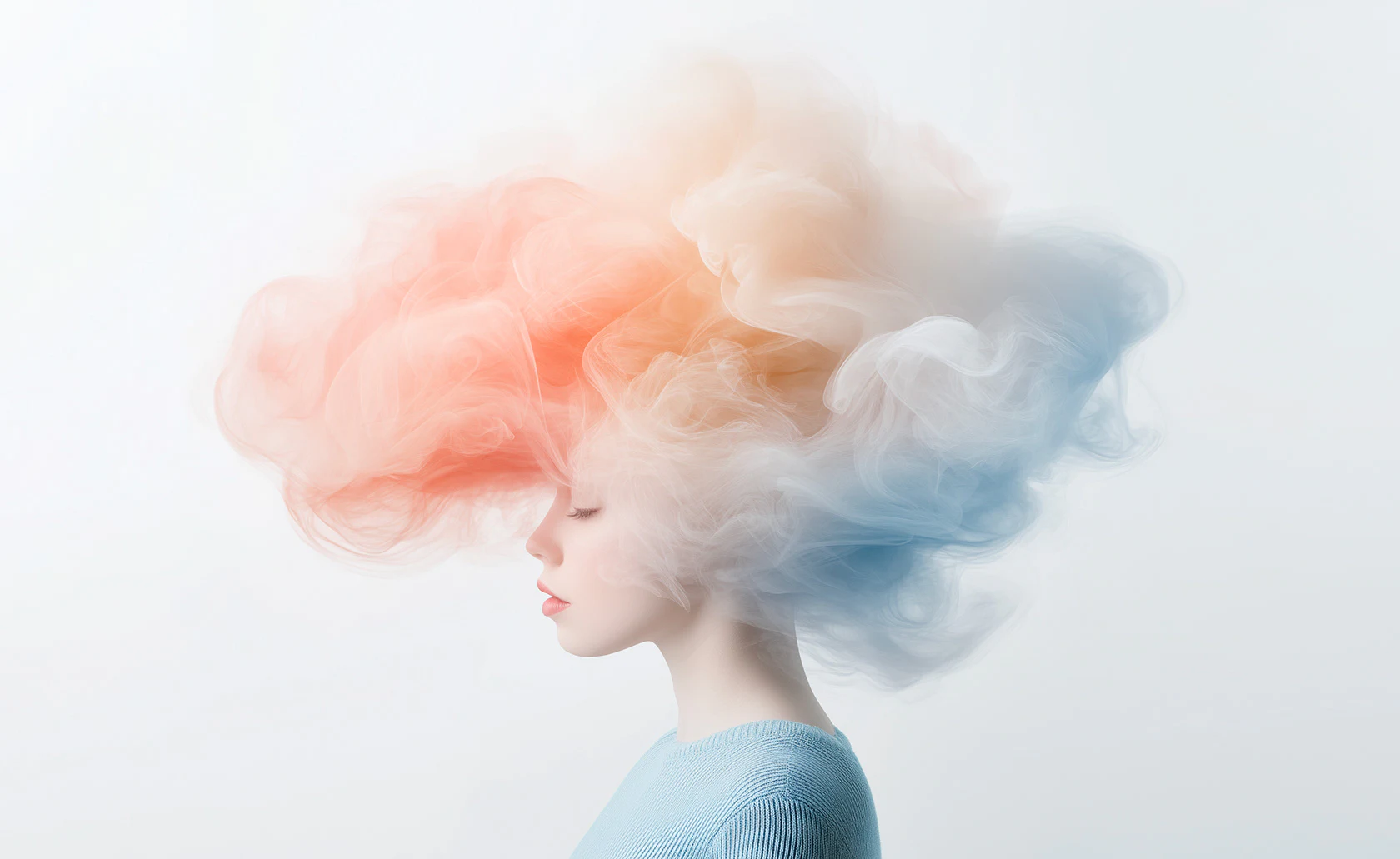 Profil d’une personne aux cheveux formés de nuages pastel.