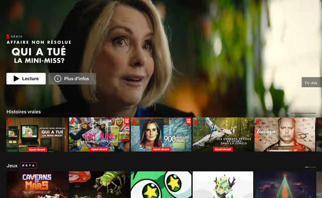 Interface Netflix présentant un documentaire et plusieurs rangées de recommandations.