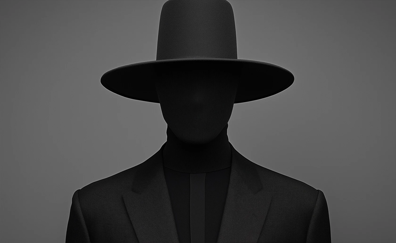 Silhouette sombre portant un costume et un grand chapeau.