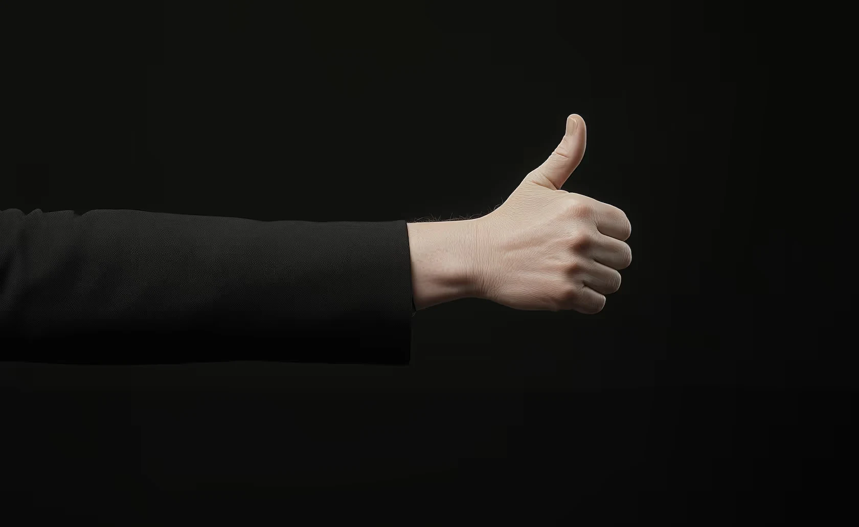 Main faisant un signe de pouce levé sur un fond noir.