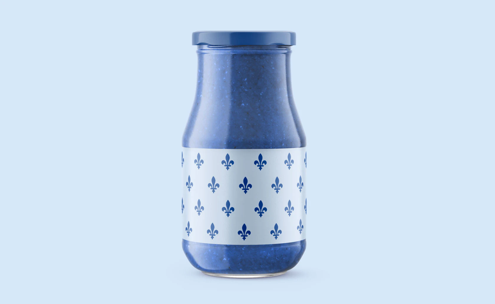 Bouteille bleue et blanche ornée de fleurs de lys.