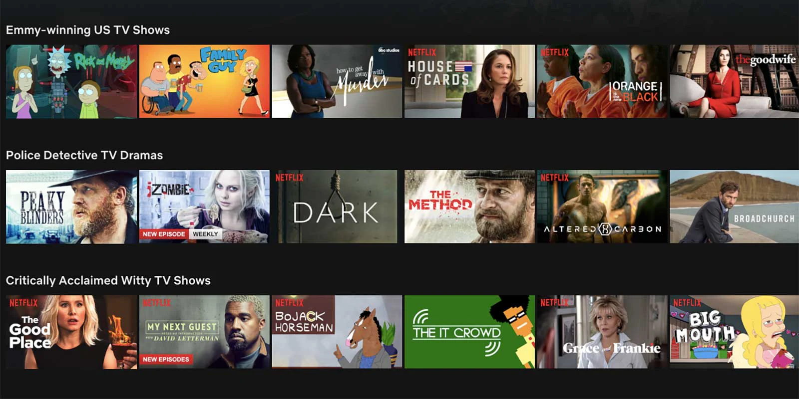 Interface Netflix organisée en catégories de recommandations.