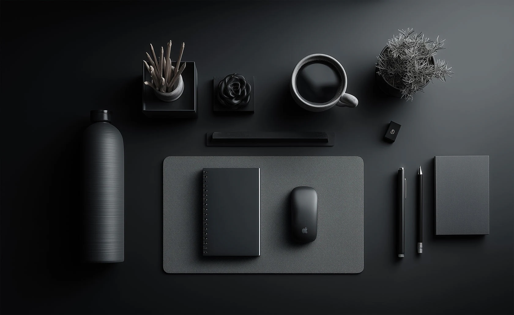 Accessoires de bureau noirs disposés de façon ordonnée.