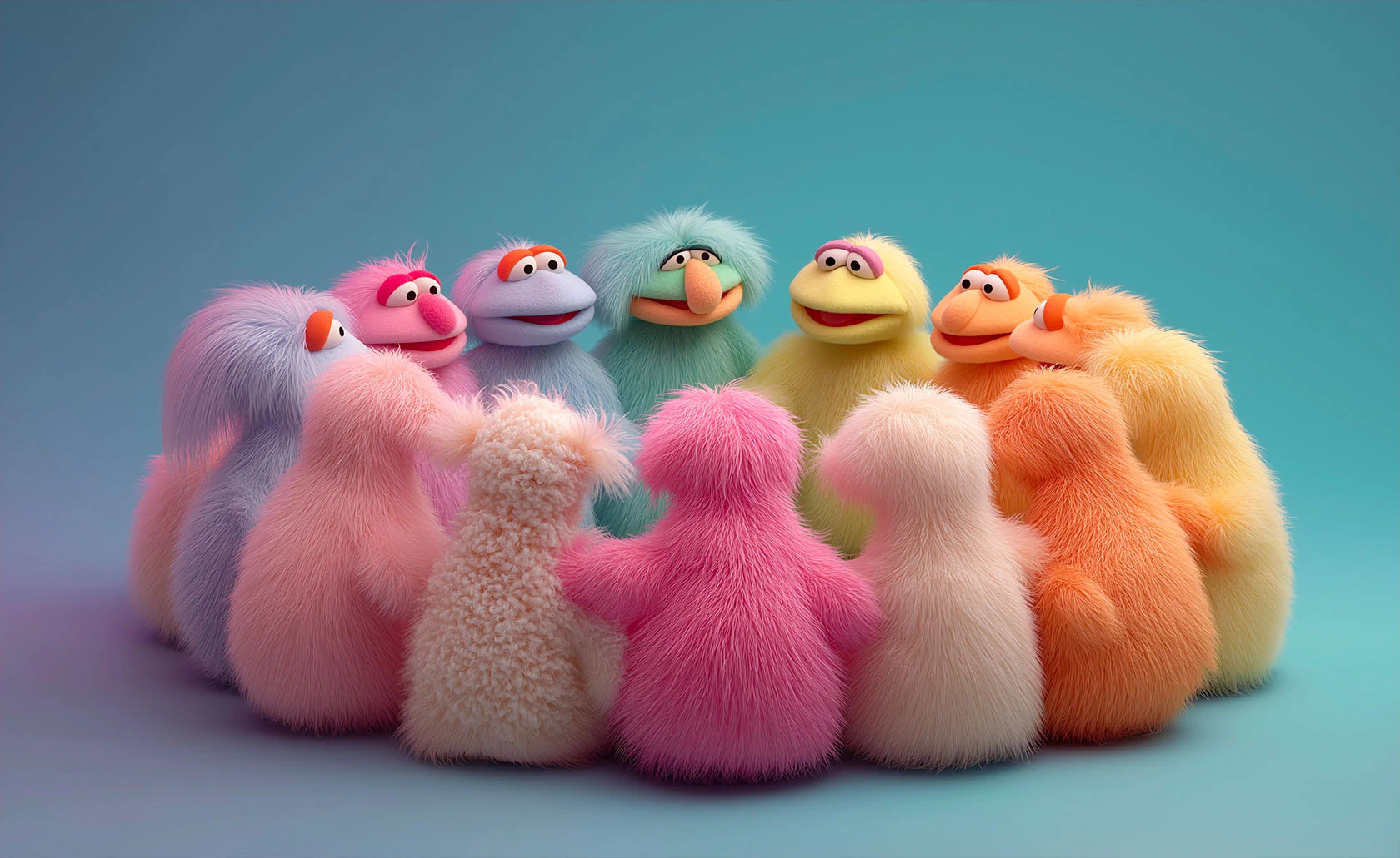 Personnages en peluche multicolores réunis en cercle.