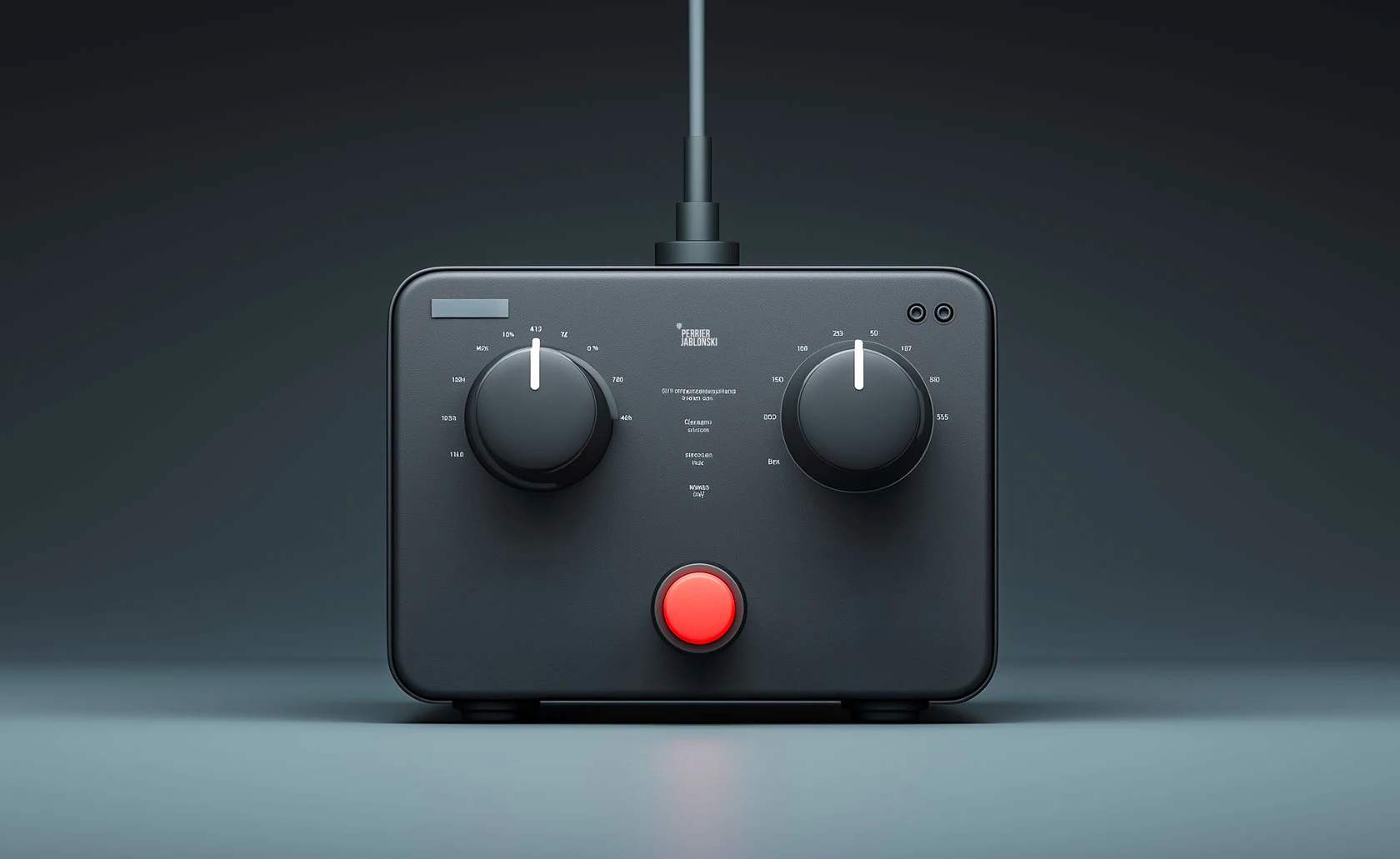 Boîtier de commande avec deux boutons rotatifs et un bouton rouge.