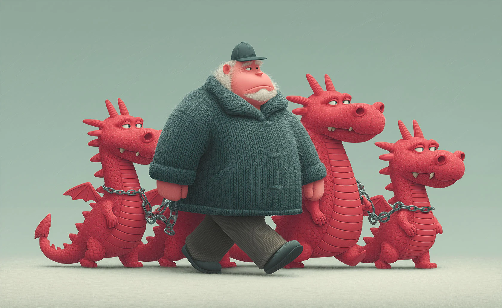 Personnage marchant avec trois petits dragons rouges attachés.