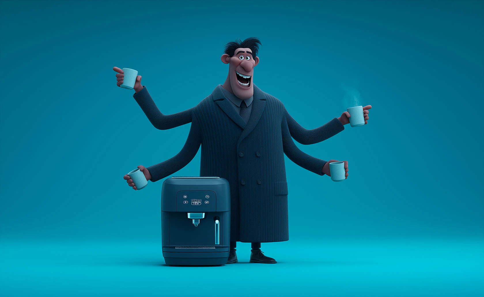 Personnage à plusieurs bras tenant des tasses près d’une machine à café.