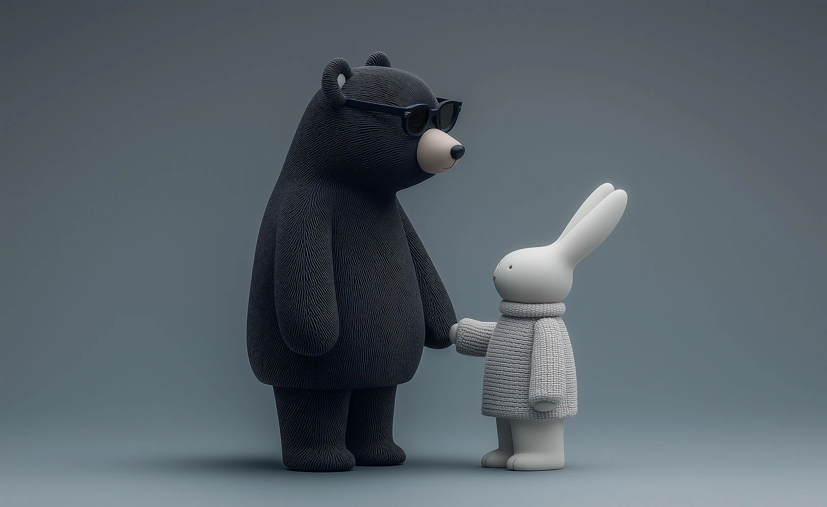 Ours en lunettes noires tenant la main d’un petit lapin.