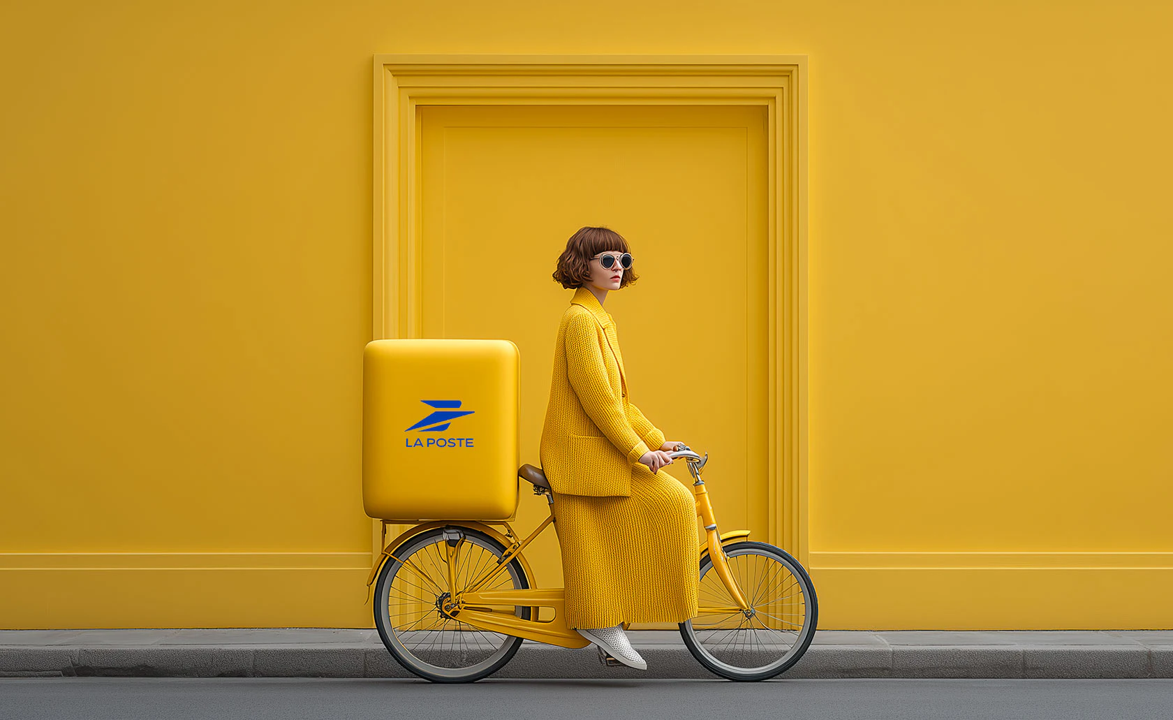 Personnage et vélo jaunes portant une boîte aux couleurs de La Poste.