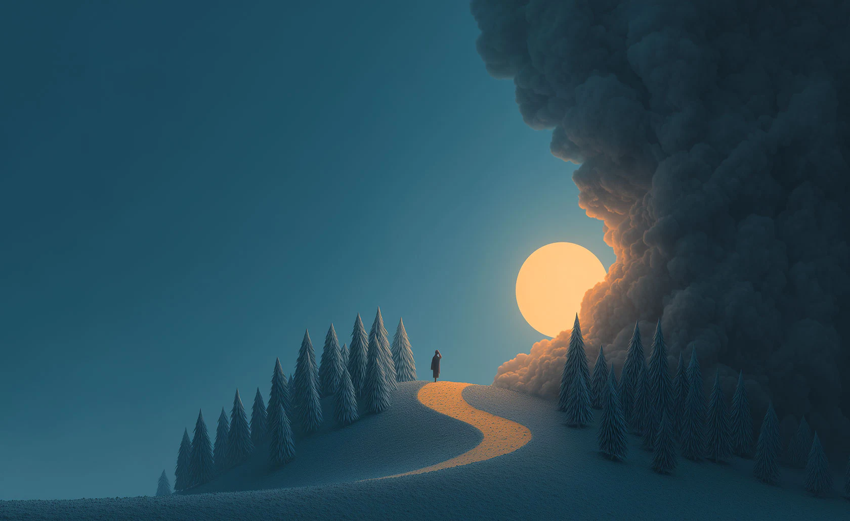Chemin sinueux menant vers une ouverture lumineuse entre des arbres et des nuages.
