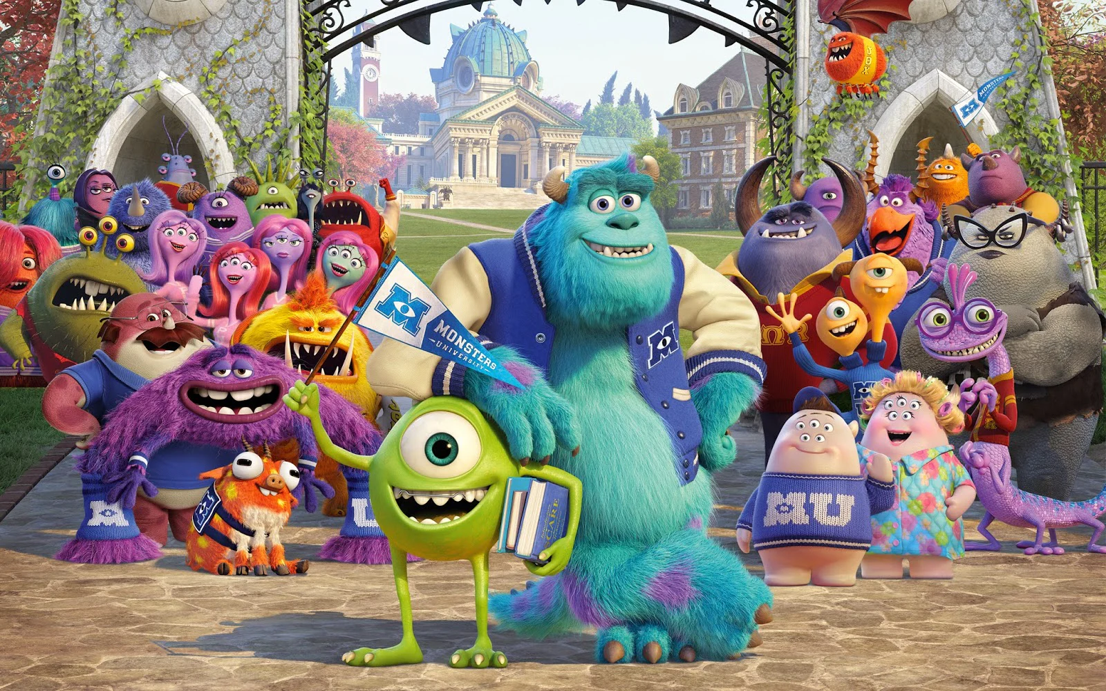 Personnages de Monstres Academy réunis devant leur université.
