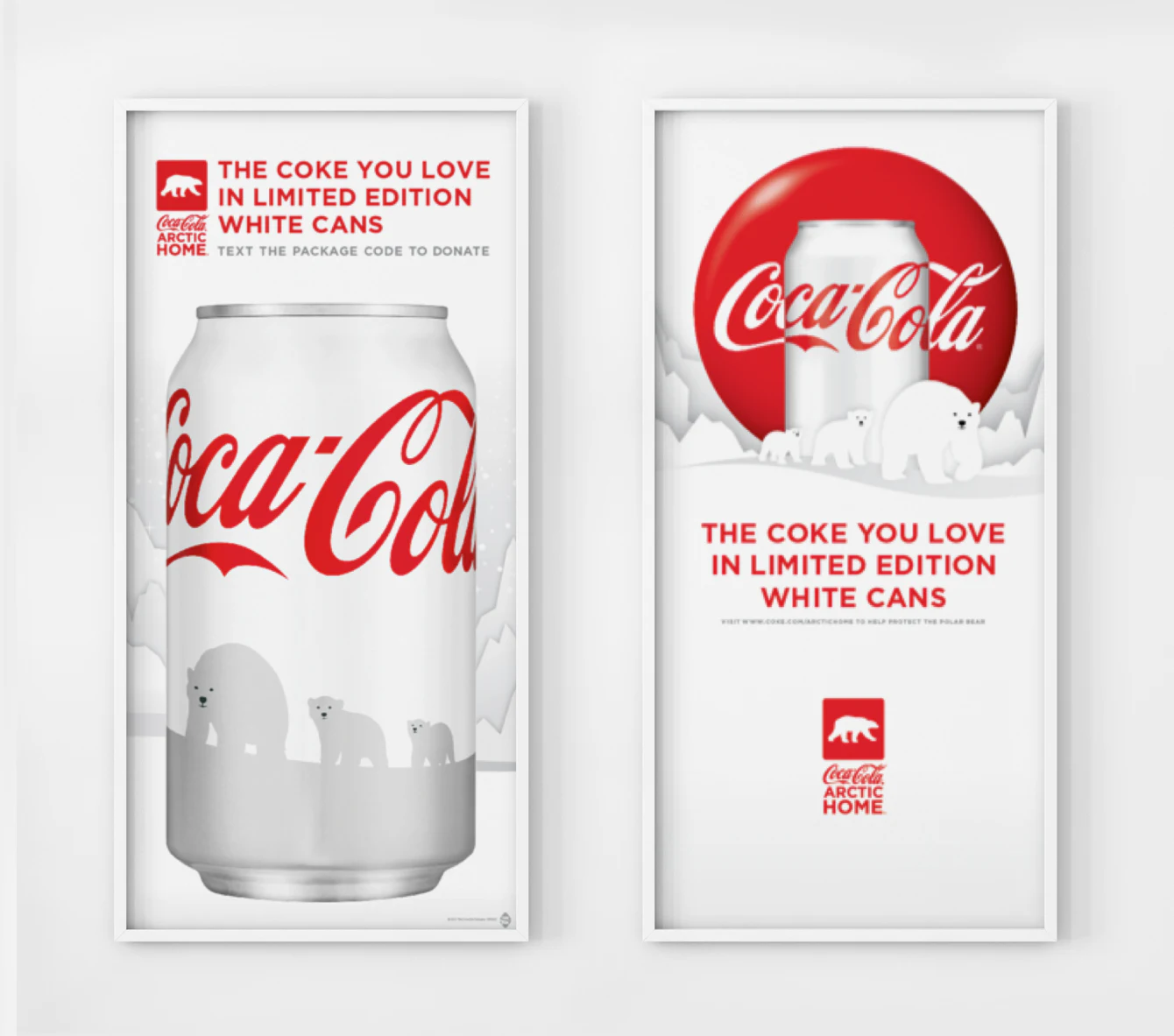 Affiches Arctic Home montrant la canette blanche Coca-Cola et les ours polaires.
