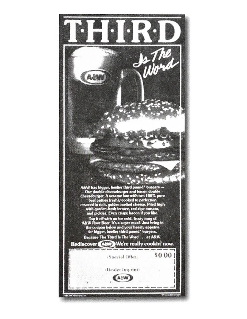 Publicité A&W des années 1980 : Third is the Word, hamburger et chope de root beer.