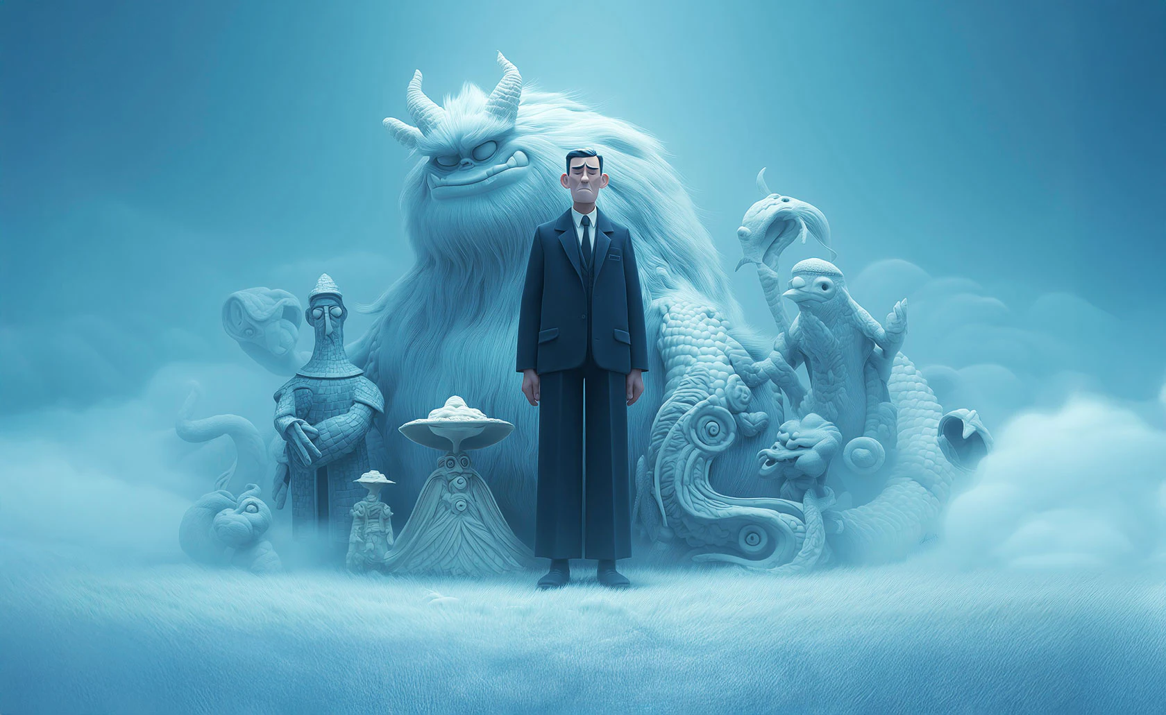 Homme en costume entouré de créatures imaginaires dans un décor bleu.