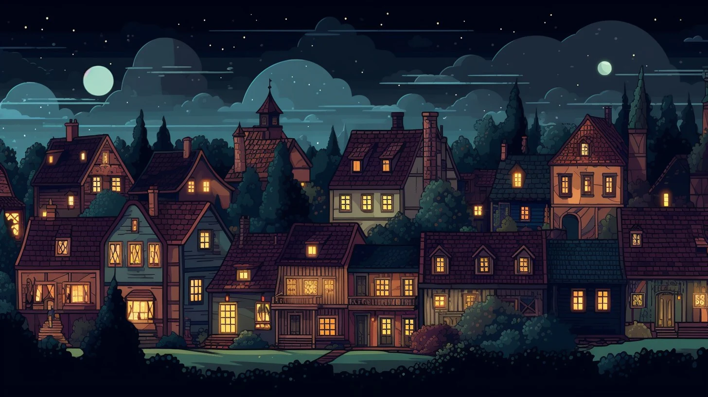 Village illustré de nuit sous les étoiles.