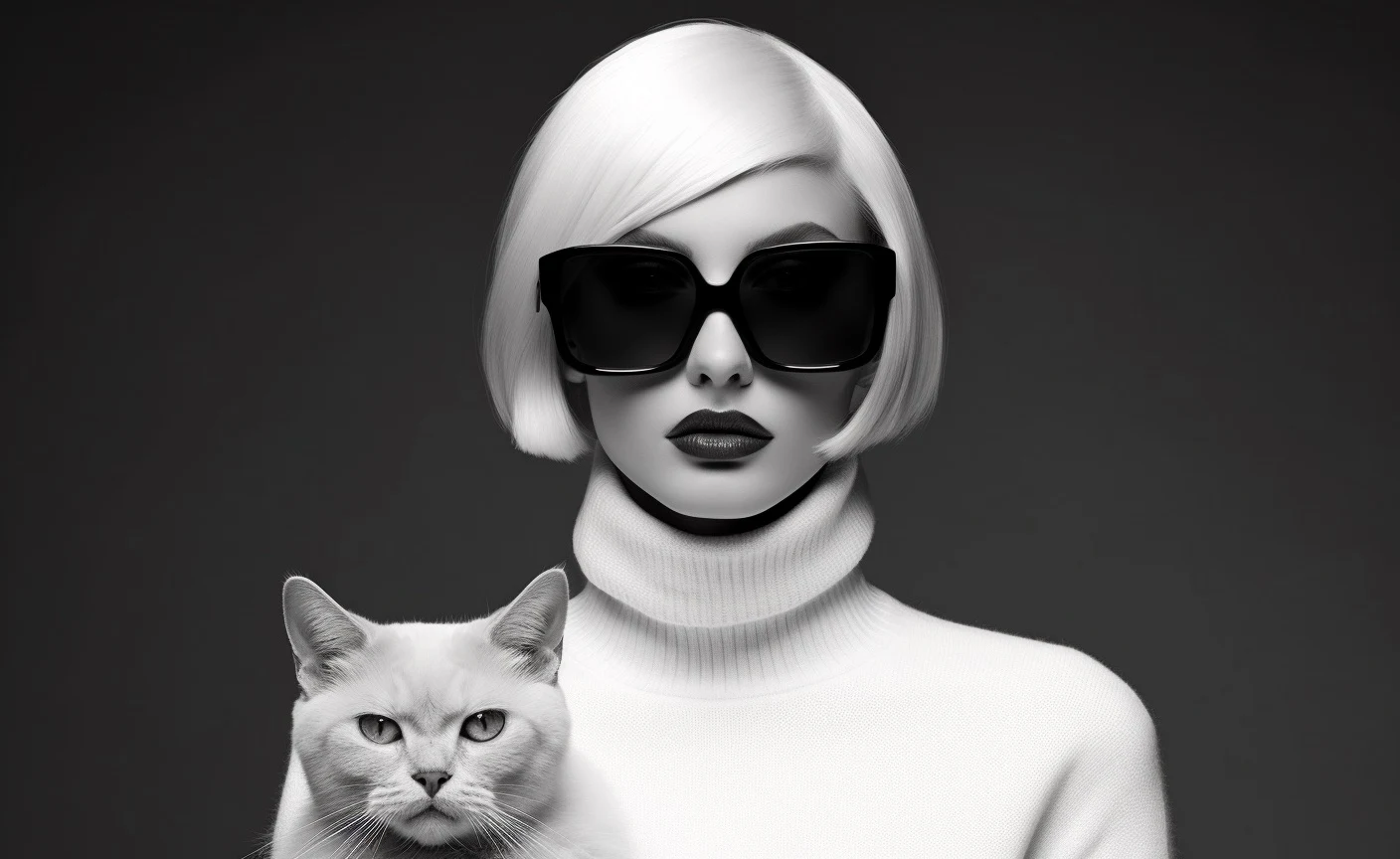 Portrait en noir et blanc d’une femme en lunettes de soleil tenant un chat.