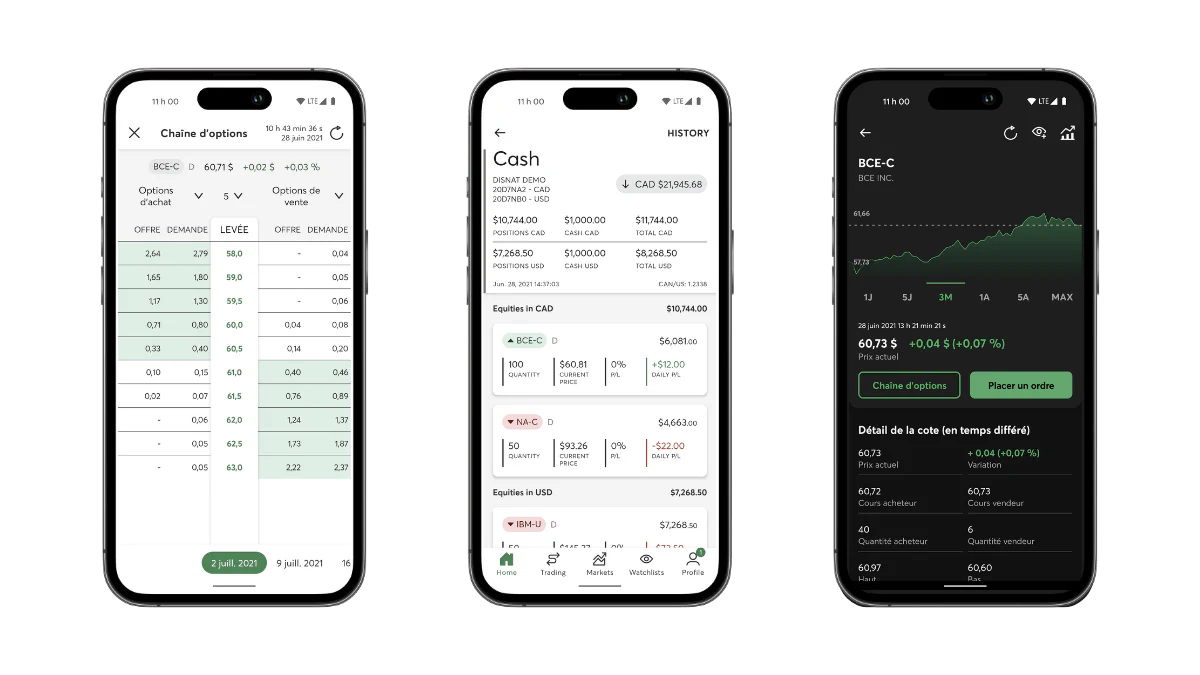 Trois téléphones affichant des interfaces financières.