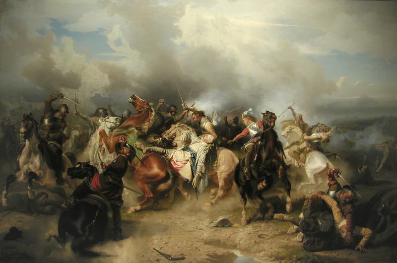 Peinture représentant une bataille de cavaliers.