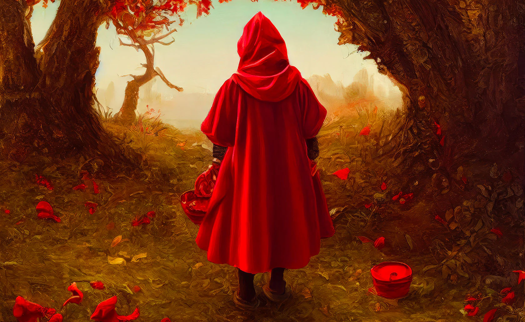Personnage au manteau rouge dans une forêt, évoquant le Petit Chaperon rouge.