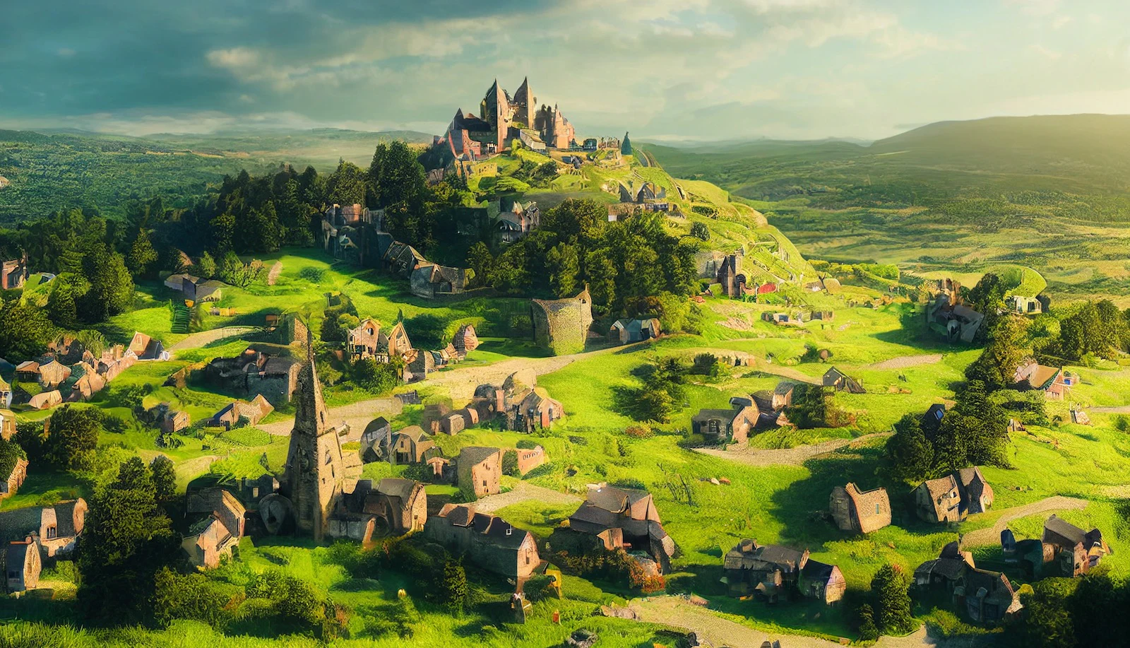 Village imaginaire verdoyant dominé par un château.