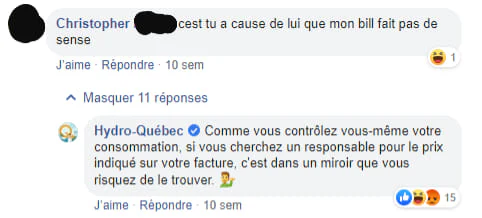 Réponse d’Hydro-Québec rappelant avec humour que la facture dépend de la consommation.