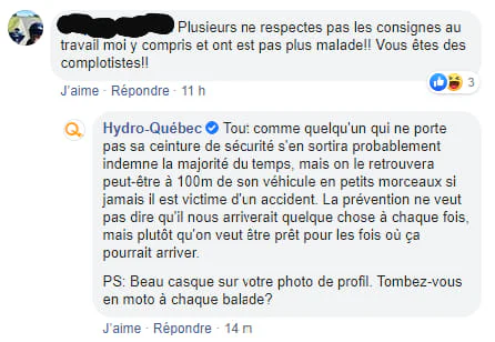 Réponse d’Hydro-Québec comparant les mesures de prévention au port de la ceinture et du casque.
