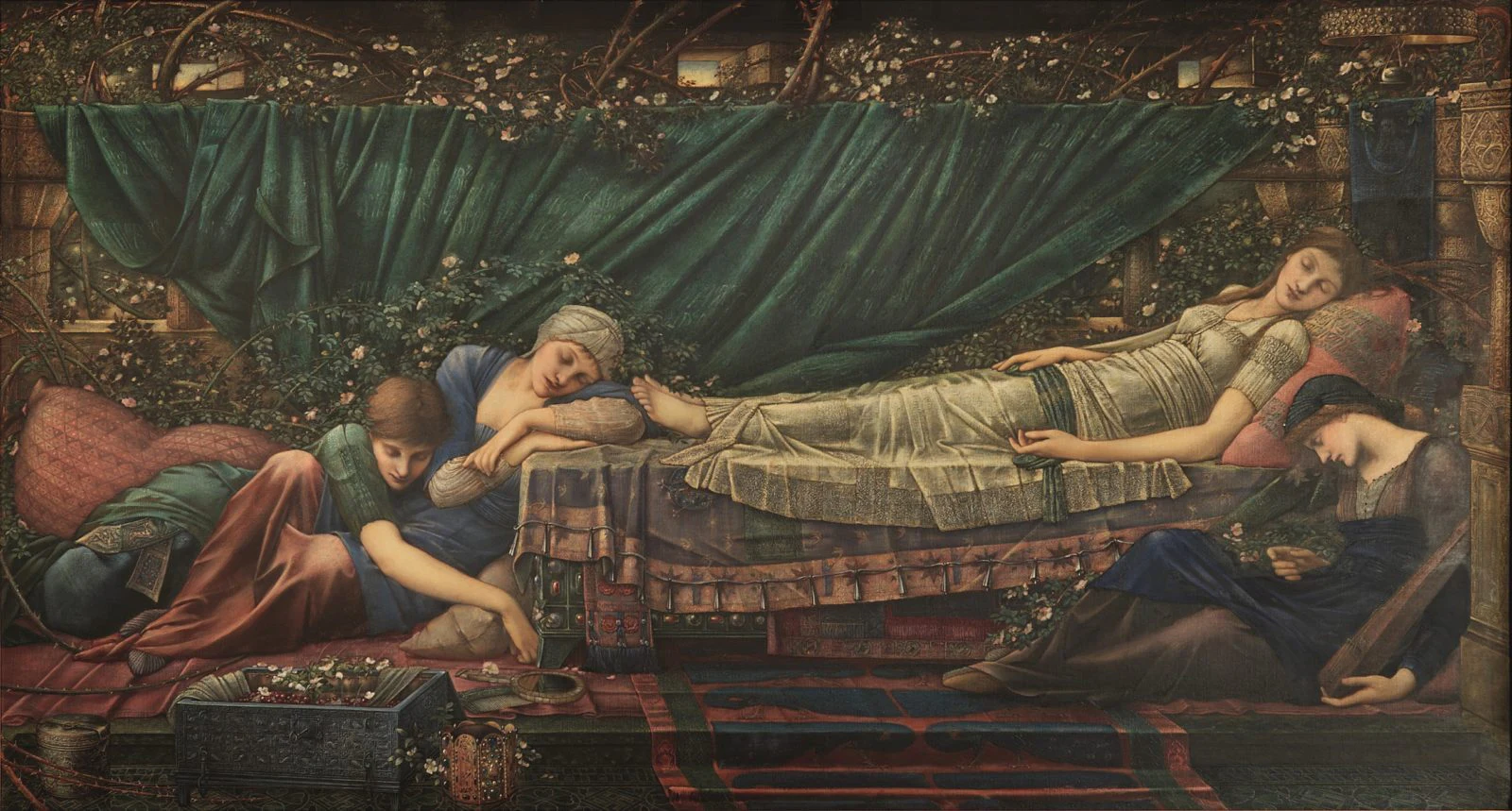 Peinture représentant des personnages endormis autour d’un lit.