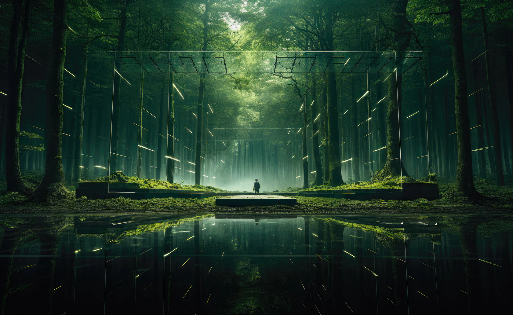 Silhouette au milieu d’une forêt dense reflétée dans l’eau.