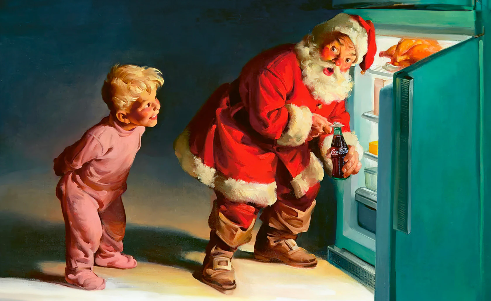 Illustration rétro du père Noël avec un enfant devant un réfrigérateur.