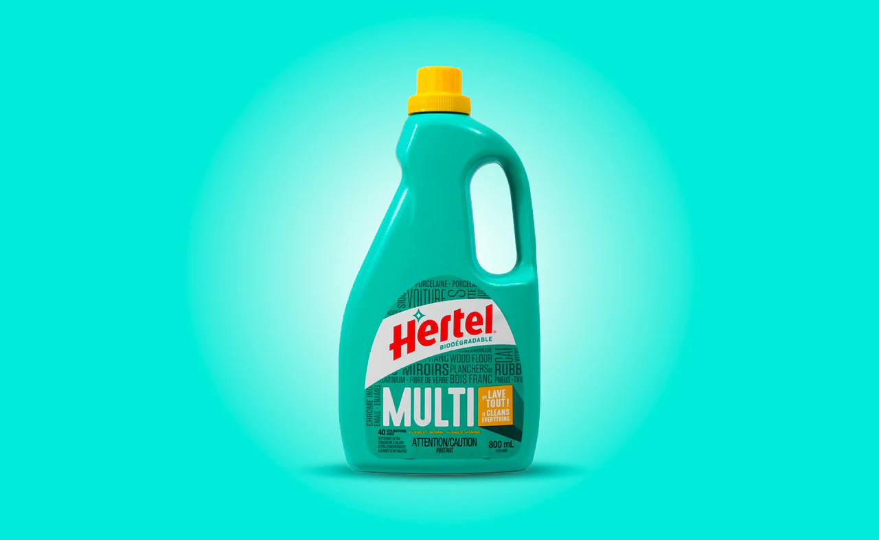 Bouteille verte de nettoyant multiusage Hertel.