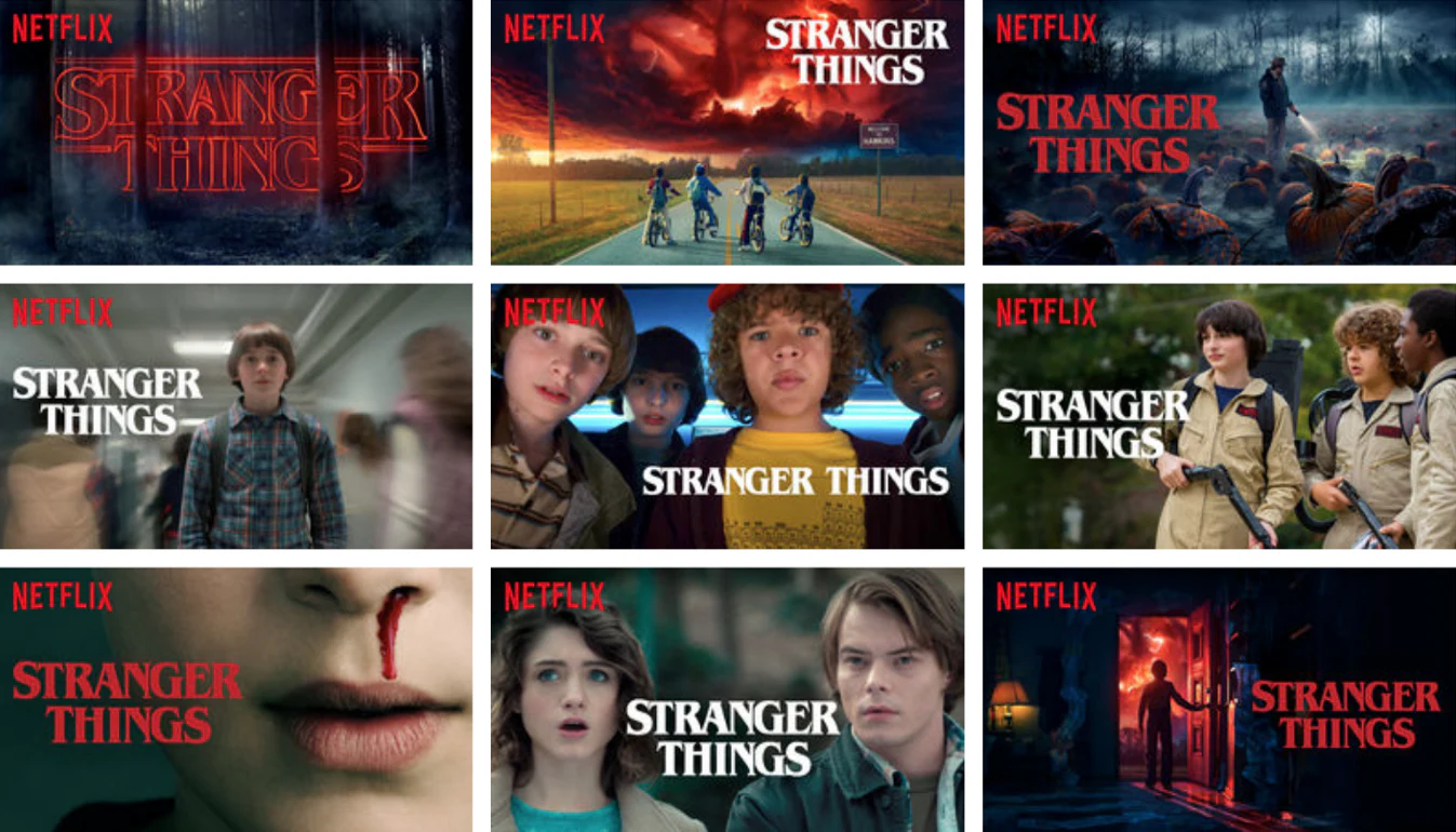 Différentes vignettes de présentation de la série Stranger Things.