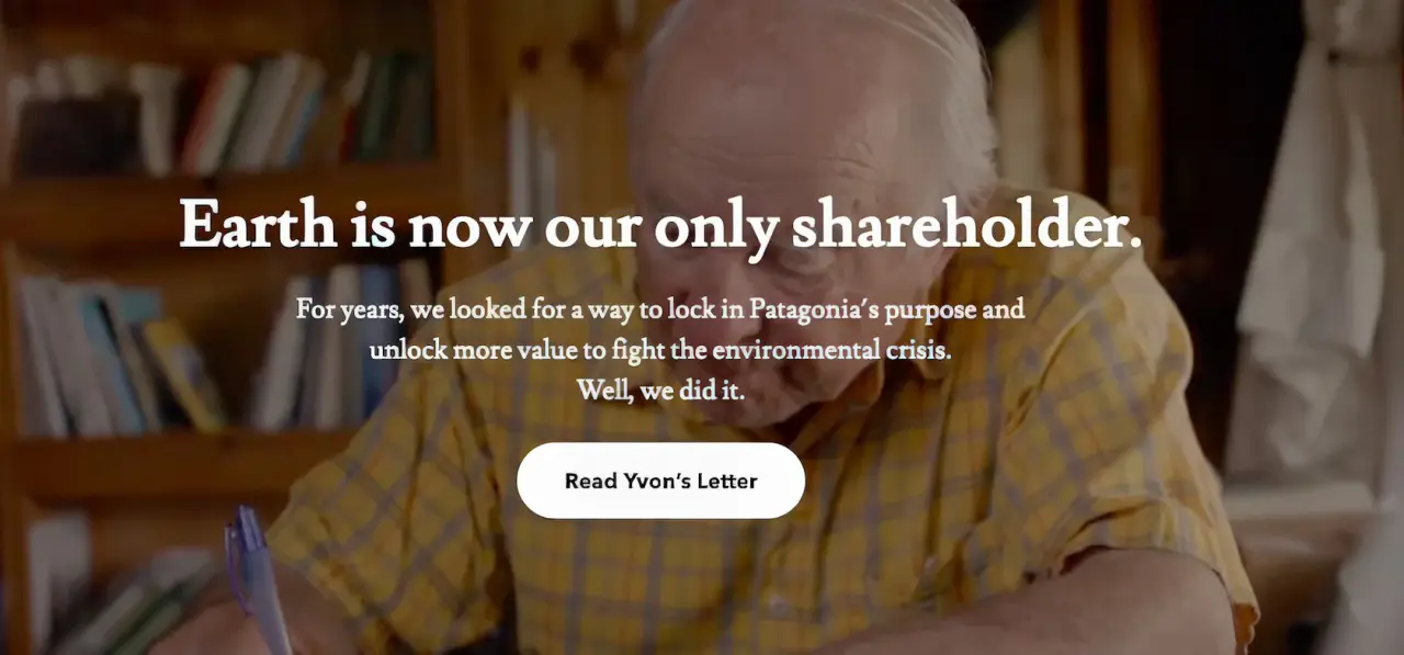 Page Patagonia annonçant que la Terre devient son seul actionnaire.