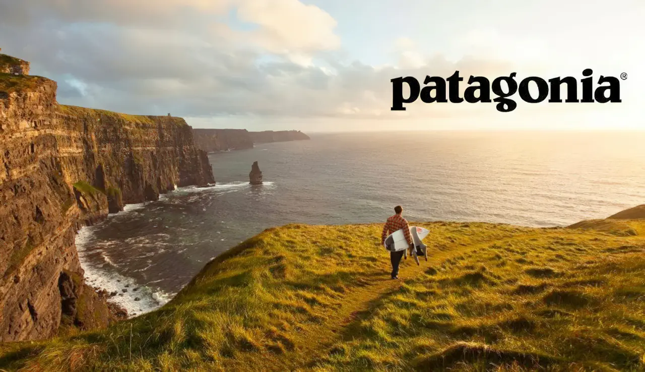 Logo Patagonia sur une photographie de falaises en bord de mer.
