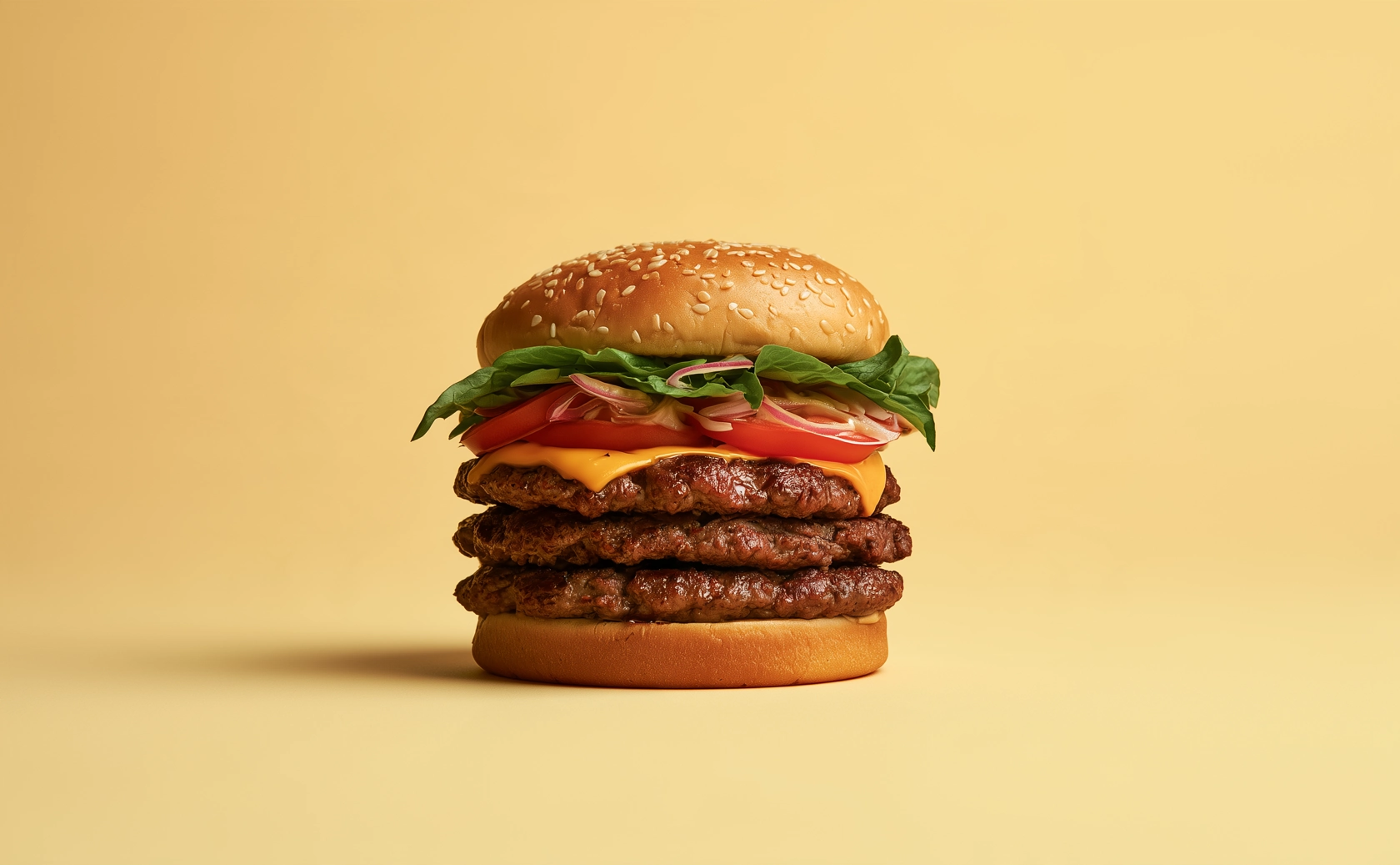 Hamburger à plusieurs étages sur un fond jaune.