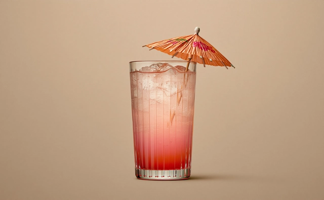 Verre de cocktail rose avec une petite ombrelle.