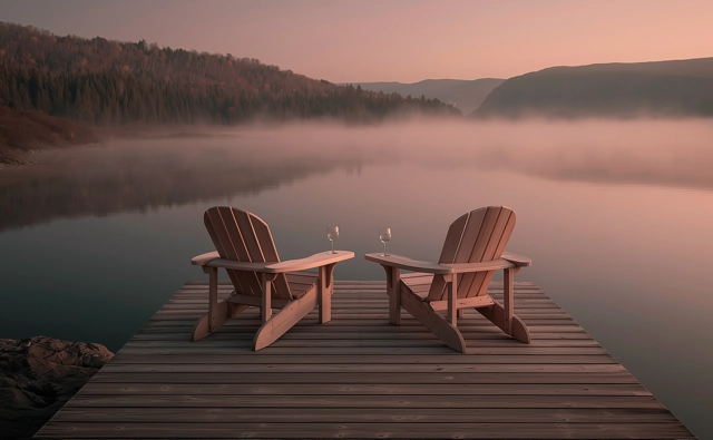 Deux fauteuils sur un ponton devant un lac brumeux.