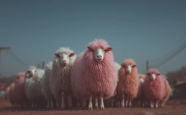 Troupeau de moutons blancs et roses regardant devant eux.