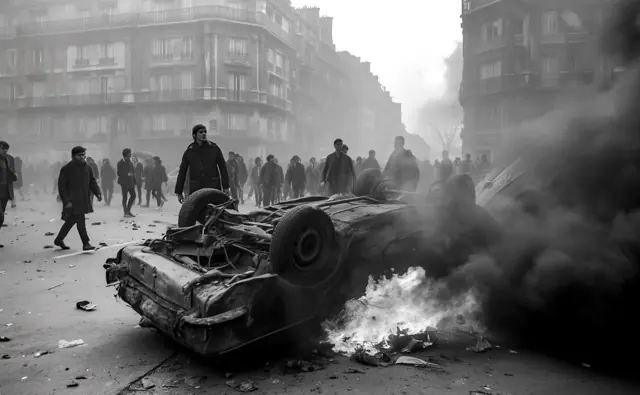 Scène de rue en noir et blanc avec une voiture renversée et des flammes.
