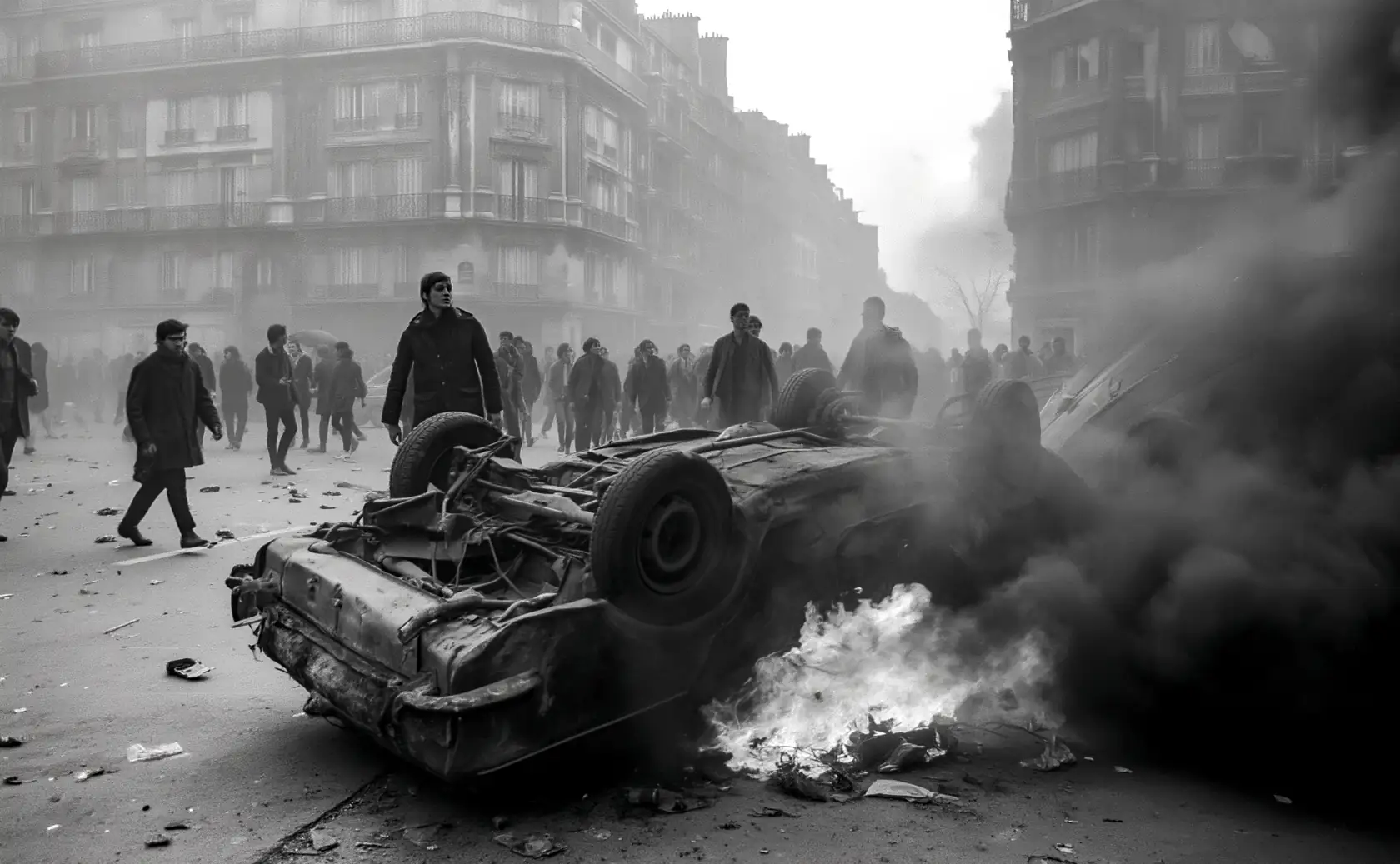 Scène de rue en noir et blanc avec une voiture renversée et des flammes.