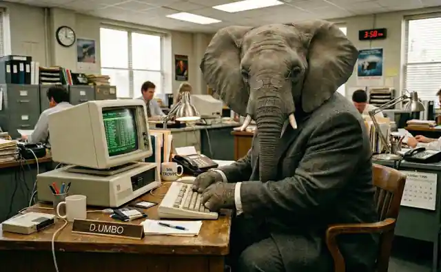 Éléphant en costume installé à un bureau devant un ordinateur.
