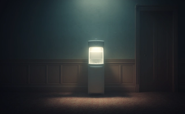 Machine éclairée dans une pièce sombre.