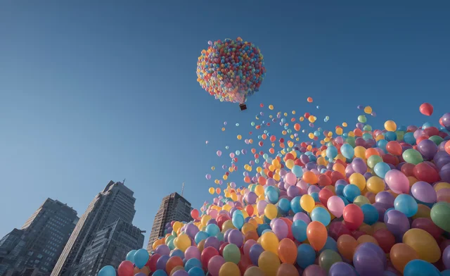 Multitude de ballons colorés au-dessus d’immeubles.