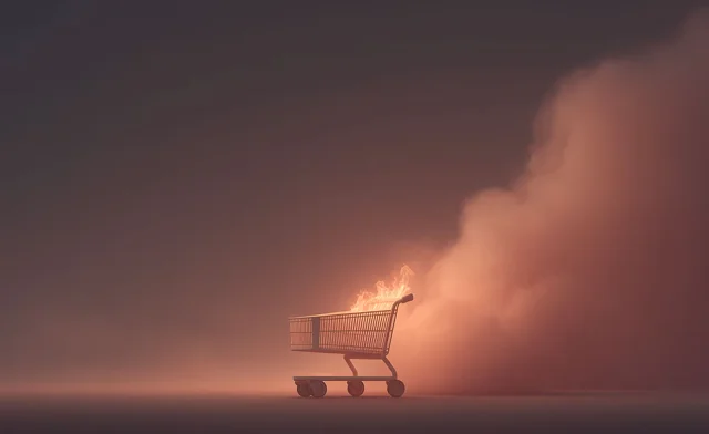 Chariot de magasin en flammes dans un paysage brumeux.